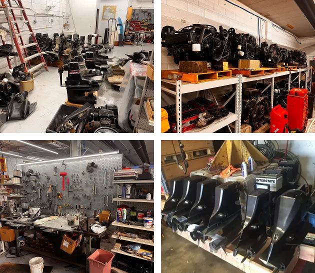 Collage of organized automotive engine parts and components in a workshop.